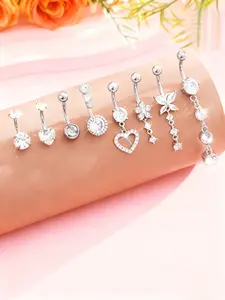 Heart Butterfly Belly Button Piecing Jewelry for Women, Cubic Zirconia Floral Decorated Pendant Navel Rings, Stainless Steel Belly Piecing Jewelry for Party or Casual Wear, Belly Button Piercing, Body Piercings