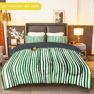 3pcs (1 comforter + 2 pillowcases) Striped Flannel & Milk Velvet Comforter Set, Soft Warm Cozy Bedding Essentials for Adults, Trendy Milk Velvet Bedding Set