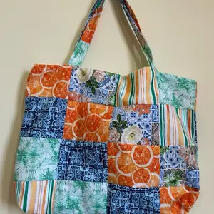 Orange and Blue Fun Patchwork Tote Bag with Colorful Patterns and Orange Slices Design