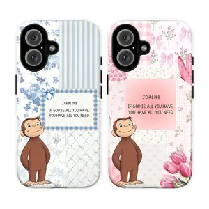 Curious George Christian Phone Case – Cute Monkey Cartoon with Bible Verse John 14:8 Aesthetic Floral Patchwork Cover for iPhone 17 16 15 14 13 12 11 Pro Max | Faith Gift Wholesome Religious Core Tough Shield