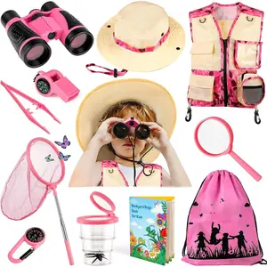 L-JLY020   Kids Explorer Kit & Bug Catcher Kit & Safari Costume Kit, Outdoor Exploration Set with Hat, Vest, Butterfly Net and Bugs Book for Boys Girls 3-12 Years Old (Camouflage Pink)