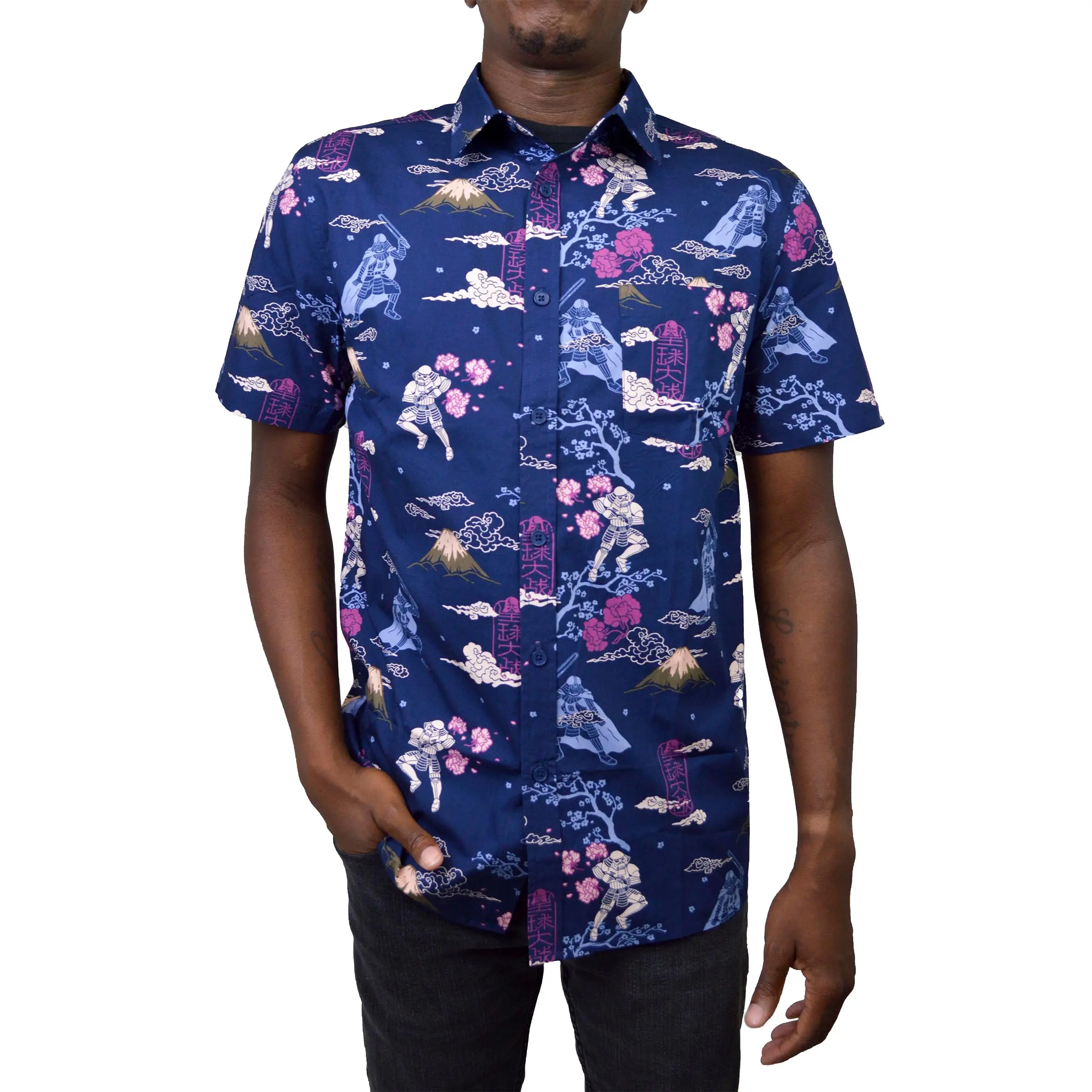 Men's Collared Short-Sleeve Graphic Button-Down Shirt, Star Wars Darth Vader & Stormtroopers Samurai Print, Cherry Galaxy Design