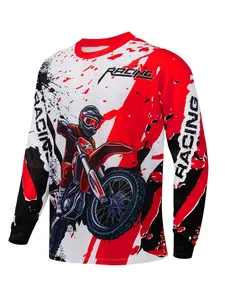 Men's Off-Road Motorcycle Print Long Sleeve Riding Shirt, Breathable Quick-Dry Mountain Bike Sport Top, Round Neck Moto T-Shirt, Cycling Training Apparel, Outdoor Sports Top
