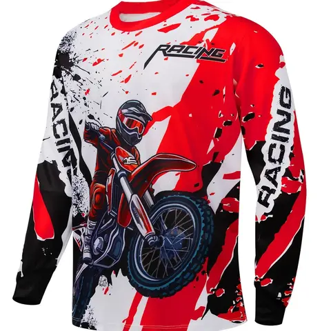 Men's Off-Road Motorcycle Print Long Sleeve Riding Shirt, Breathable Quick-Dry Mountain Bike Outdoor Sports Top, Round Neck Moto T-Shirt, Cycling Training Apparel, Sports Clothing, Outdoor Tops