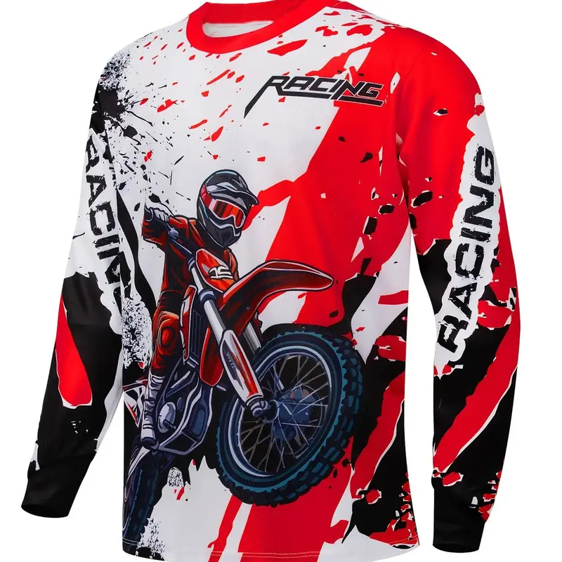 Men's Off-Road Motorcycle Print Long Sleeve Riding Shirt, Breathable Quick-Dry Mountain Bike Outdoor Sports Top, Round Neck Moto T-Shirt, Cycling Training Apparel, Sports Clothing, Outdoor Tops