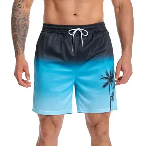 JUNBAOSS Men's Mid-Waist Gradient Black-to-Light Blue Palm Tree Print Quick-Dry Activewear Swim Trunks, Casual Outdoor Board Shorts for Swimming, Surfing,summerwins
