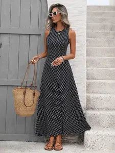 New Summer Elegant Polka Dot Sleeveless Backless Long Dress with Laces for Women in European and American Styles