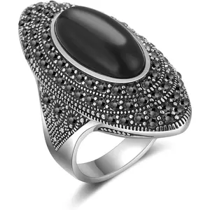 Women's Black Vintage Wide Band Ring, Black Onyx Cocktail Party Ring, Retro Marquise Crystal Fashion Jewelry