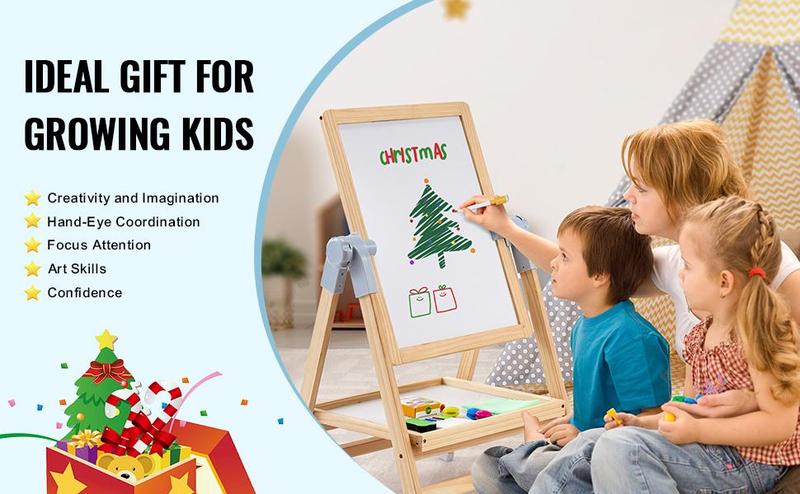 VEVOR 2-in-1 Kids Art Easel Double-Sided Wooden Magnetic Whiteboard Chalkboard，Christmas gift