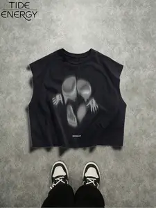 Men's Dark Art Fuzzy Skull Skeleton Sleeveless T-Shirt, Breathable Casual Oversized Short Vest, Perfect for Layering and Urban Fashion