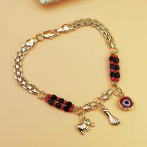Boho Red & Black Beaded Elephant Charm Bracelet with Golden-Plated Devil's Eye, Elephant Pendant, Unique Bohemian Jewelry for Parties & Festivals, Year-Round Gift
