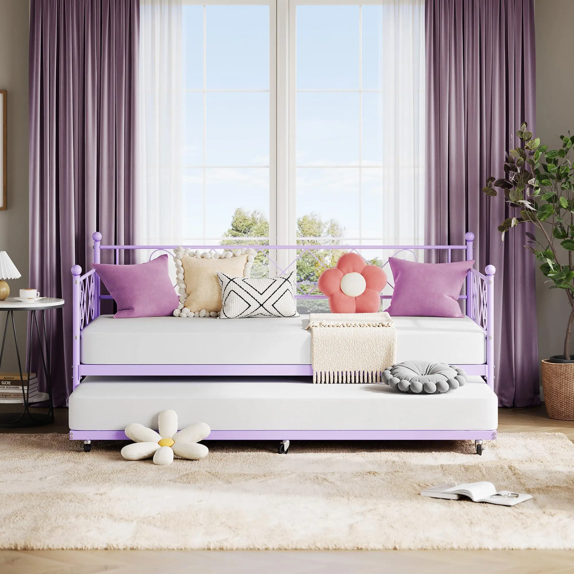 Twin Size Heart-Shaped Twist Sofa Bed Frame in Pure Iron Metal with Lower Bed, Vintage Daybed for Living Room Guest Bedroom No Box Spring, Purple