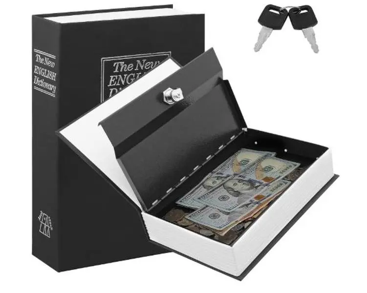 Book Safe with Key Lock, Dictionary Diversion Safe Seceret Hidden Book with Safe Inside, Fake Book Money Metal Lock Box Small, 7.2" x 4.6" x 2.2", Black