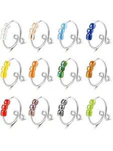 Cute 12 Pcs Colorful 3 Beads Thumb Rings Set Copper Stackable Fidget Band Rings for Women Men Fashionable Adjustable Beads Rotate Freely Rings Knitting Loop Ring Jewelry Gifts