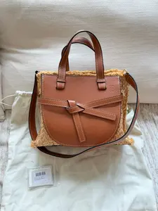 Pre-owned Loewe 20260310001! Gate Bag in Caramel Raffia Straw with Leather Trim, Good Condition
