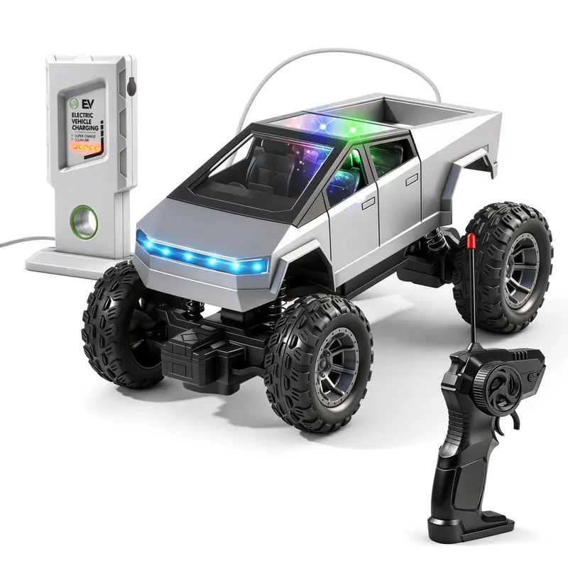 Remote Control Truck for Kids, 2.4GHz Rechargeable RC Pickup with Charging Station, LED Headlights and Colorful Cabin Lights, Large Off Road Tires, Silver Toy Vehicle