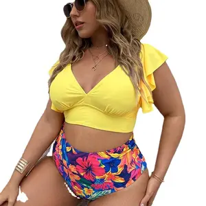 European and American plus-size ruffled printed high-waisted two-piece bikini swimsuit for plus-size women in European and American style
