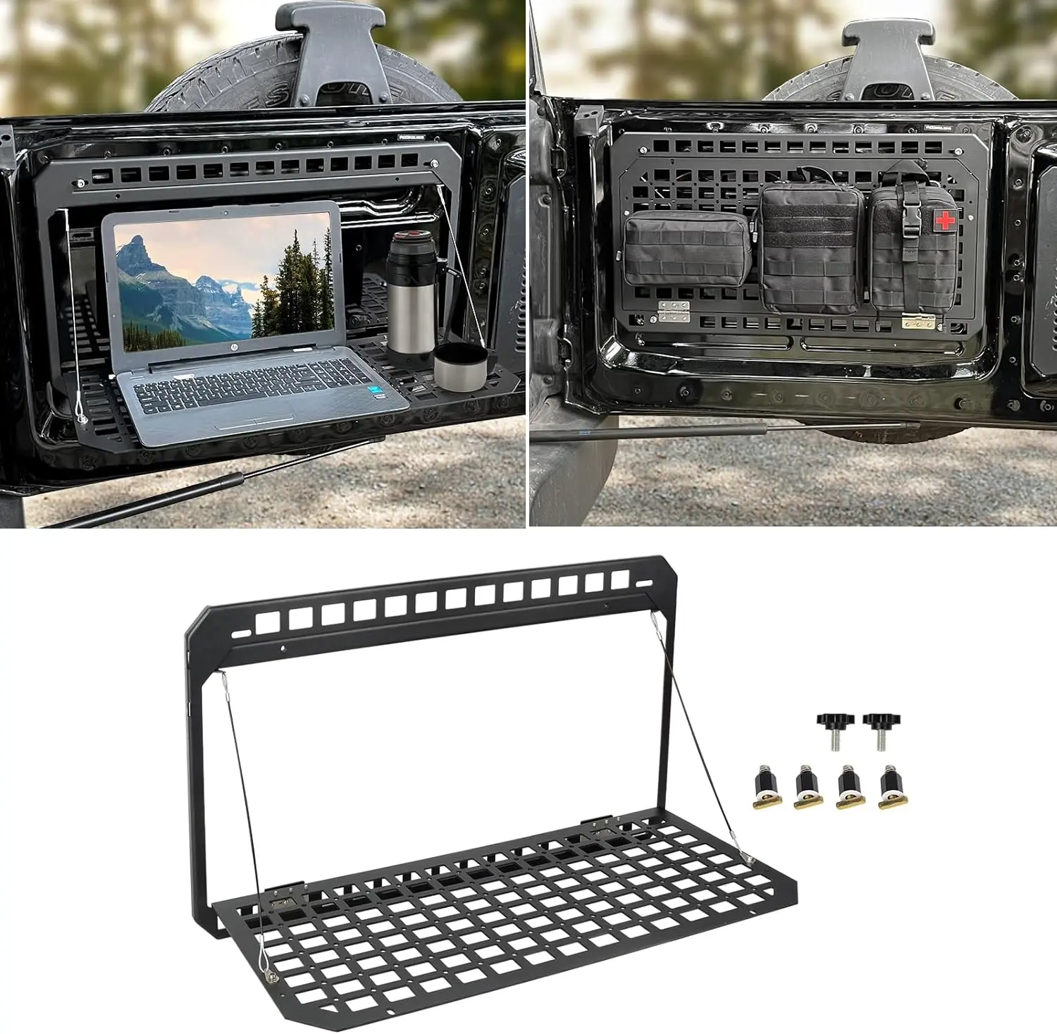 Foldable Tailgate Rack for 2021 2022 2023 2024 Ford Bronco 2/4 Door Single Layer Tailgate Table Molle Panel Cargo Organizer Shelf Rack Tool Storage Holder, No Drilling Set Hand