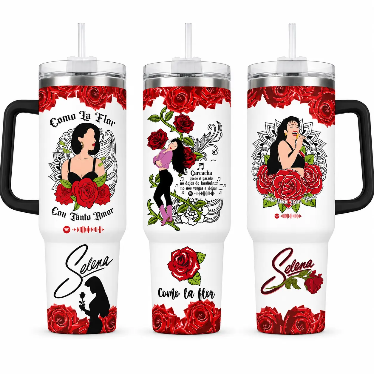 Selena La Flor Tumbler 30oz 40oz, Latina Music Fan Cup With Red Rose Floral Artwork Singer Graphic And White Travel Drinkware With Handle, Not Including The Straw Water Bottles Bottle