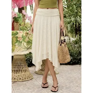 Cider Textured Lace Ruched Mid Rise Asymmetrical Hem Flared Midi Skirt