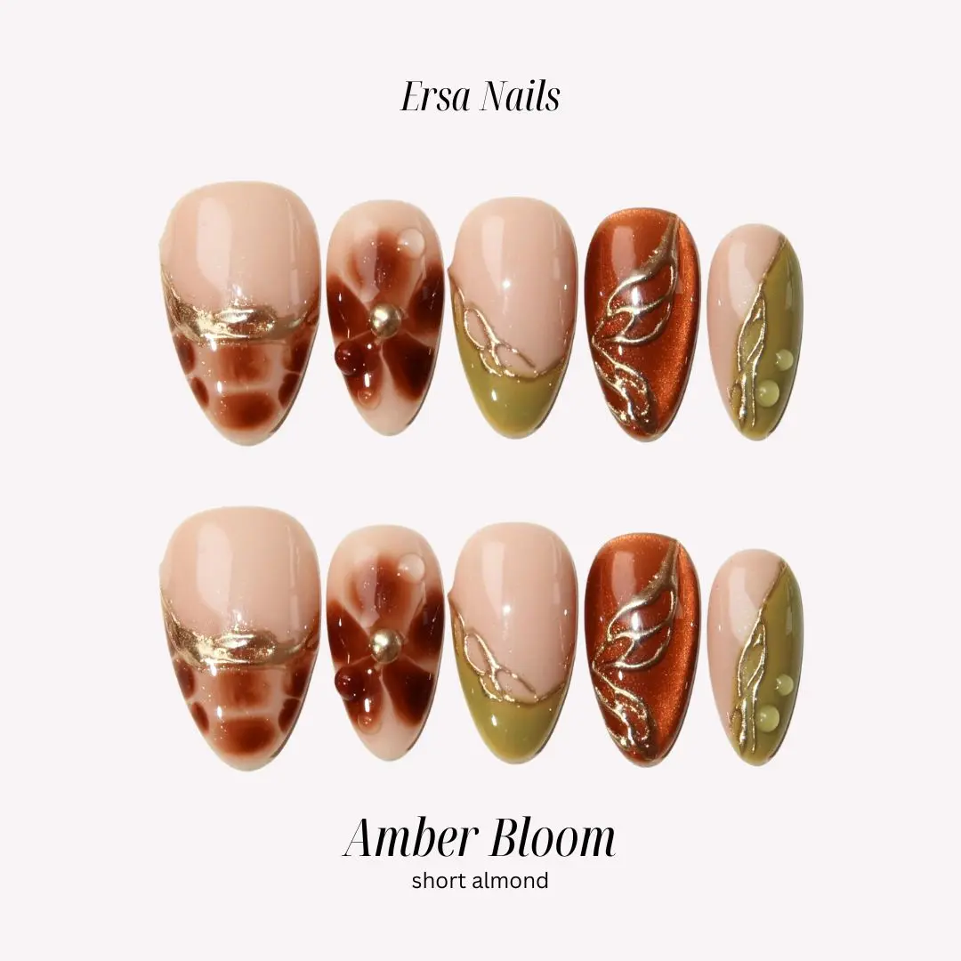 ErsaNails AMBER BLOOM - Short Almond 10 PCS Handmade Press On Nails | Cat Eye, French Tip, Chrome & Swirl