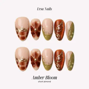 ErsaNails AMBER BLOOM - Short Almond 10 PCS Handmade Press On Nails | Cat Eye, French Tip, Chrome & Swirl