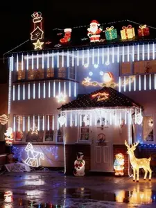 Flacchi Cool White 20 Tubes Meteor Shower Icicle Lights 480 LED Raindrop Lights with Timer Function Cascading Falling Rain Light for Holiday Party Christmas Decorations