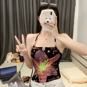 New summer style, pure and sexy floral print beaded halter neck vest, slim fit, one-piece top with bra padding