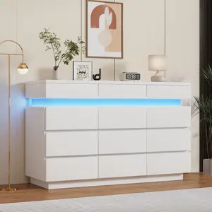 YJ-Garvee 12 Drawer Wooden Dresser for Bedroom and Living Room, 59" Modern Chest with LED Lights, Large Storage Drawers, Anti-Tipping Design, Available in White and Black, 12 Drawers Total