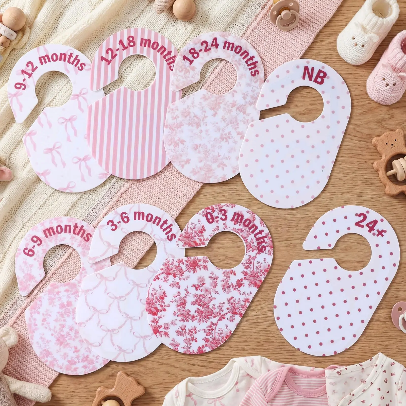 8Pcs Pink Baby Closet Dividers, Hangers, Nursery Closet Size Organizers, Clothing Organizer from Newborn to 24+ Months, Bow Floral Theme for Baby Girl, Baby Girl Nursery Decor, Baby Shower Gift for Girl, Mom-to-Be Gift, Newborn Essential
