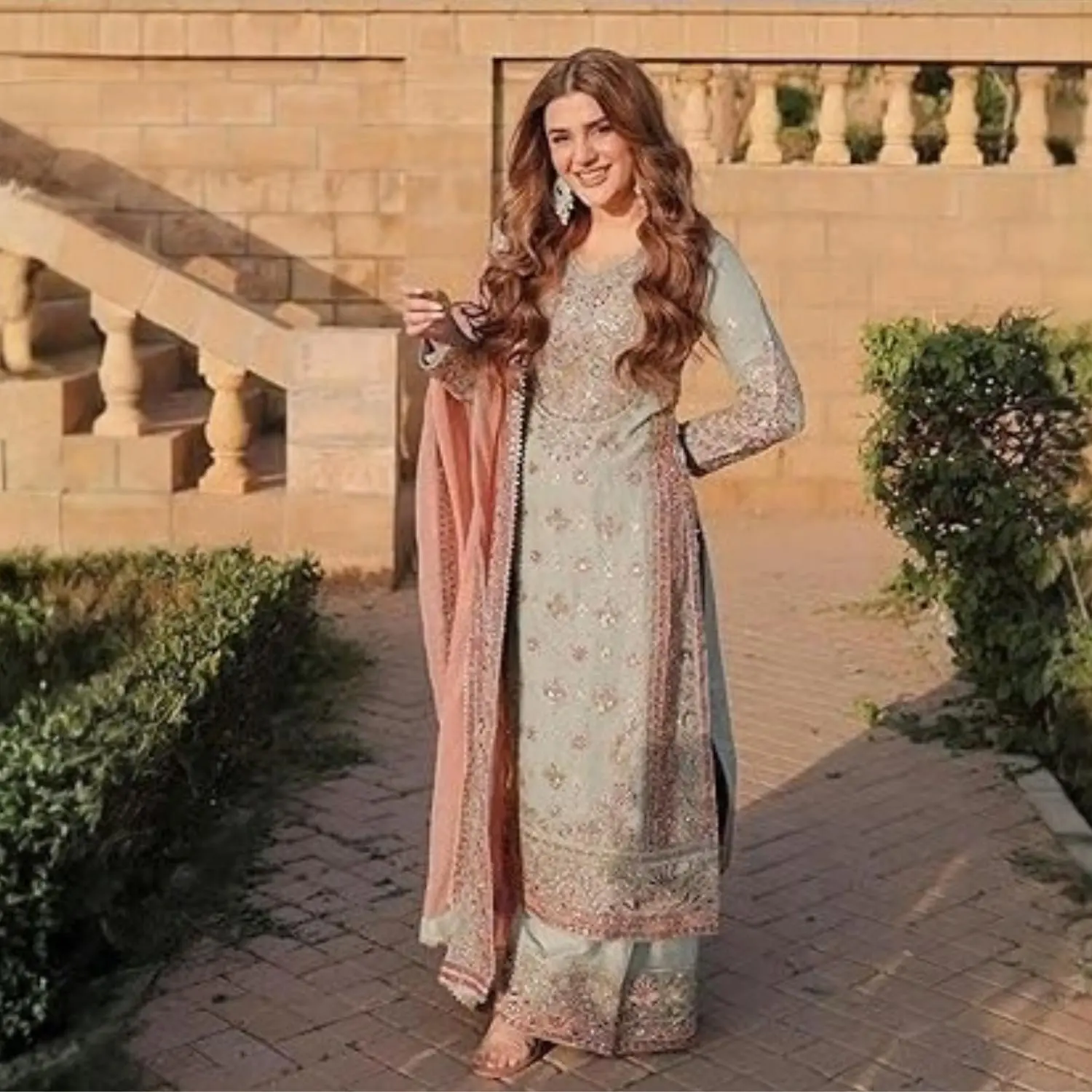 Sharara Suit for Women, Pink & Sea Green 3-Piece Set in Embroidered Fox Georgette Fabric | Elegant Style with 20-Inch Sleeves