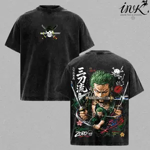 Roronoa Zoro – One Piece Vintage Washed T-Shirt, Three Sword Style Anime Graphic Tee, Pirate Hunter Swordsman Design Oversized Heavyweight Cotton Streetwear