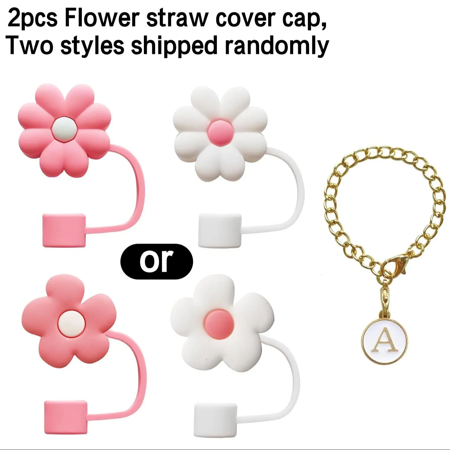 Straw Cover & Initial Letter Charm Set for Tumbler Cup, 2 Counts Flower Shaped Straw Cover & 1 Count Letter Charm, Drinkware Accessories, Summer for G