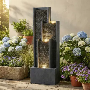 40-Inch Modern Outdoor Floor Fountain with Streamlined Waterfall Design and Integrated LED Lighting - Perfect for Porches, Offices, Home Gardens, and Patios
