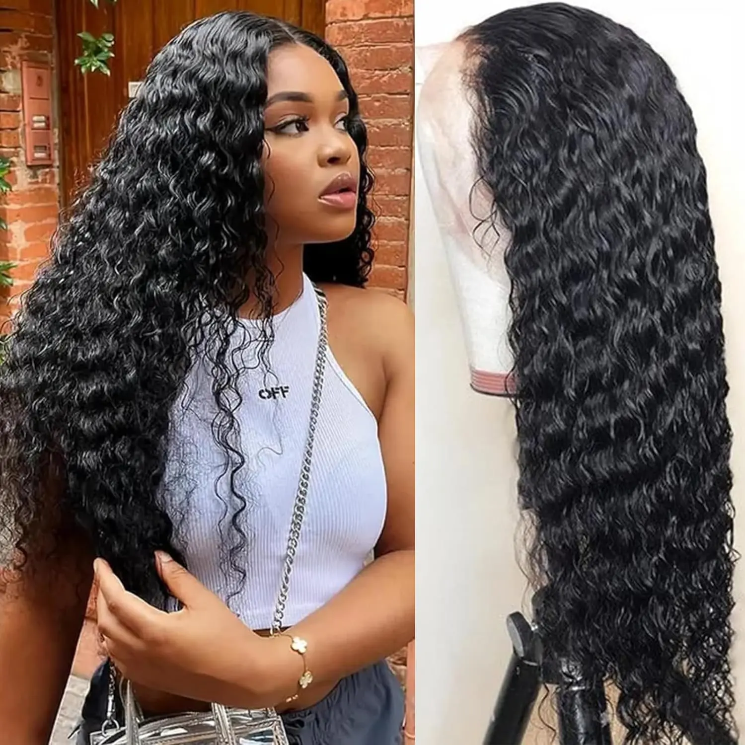 13x4 Deep Wave Lace Front Wigs Human Hair 180% Density Deep Wave Frontal Wigs  Human Hair HD Lace 26 Inch Curly Wigs for Black Women Pre Plucked with Baby Hair