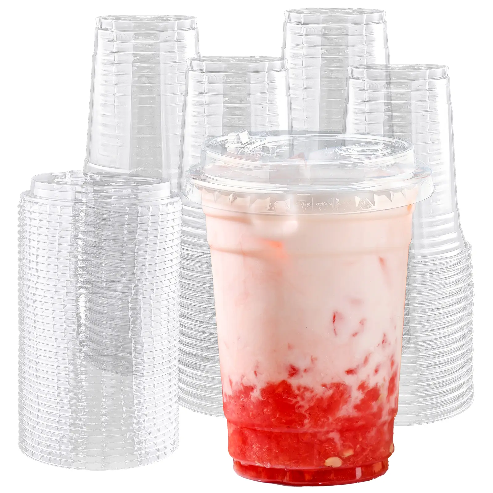50pcs Bulk Pack Round Plastic Disposable Dome Lid Cups - 14-16oz BPA-Free Transparent Sustainable PET Cups with Round Base, Home & Parties Supplies for Drinks, Appetizers