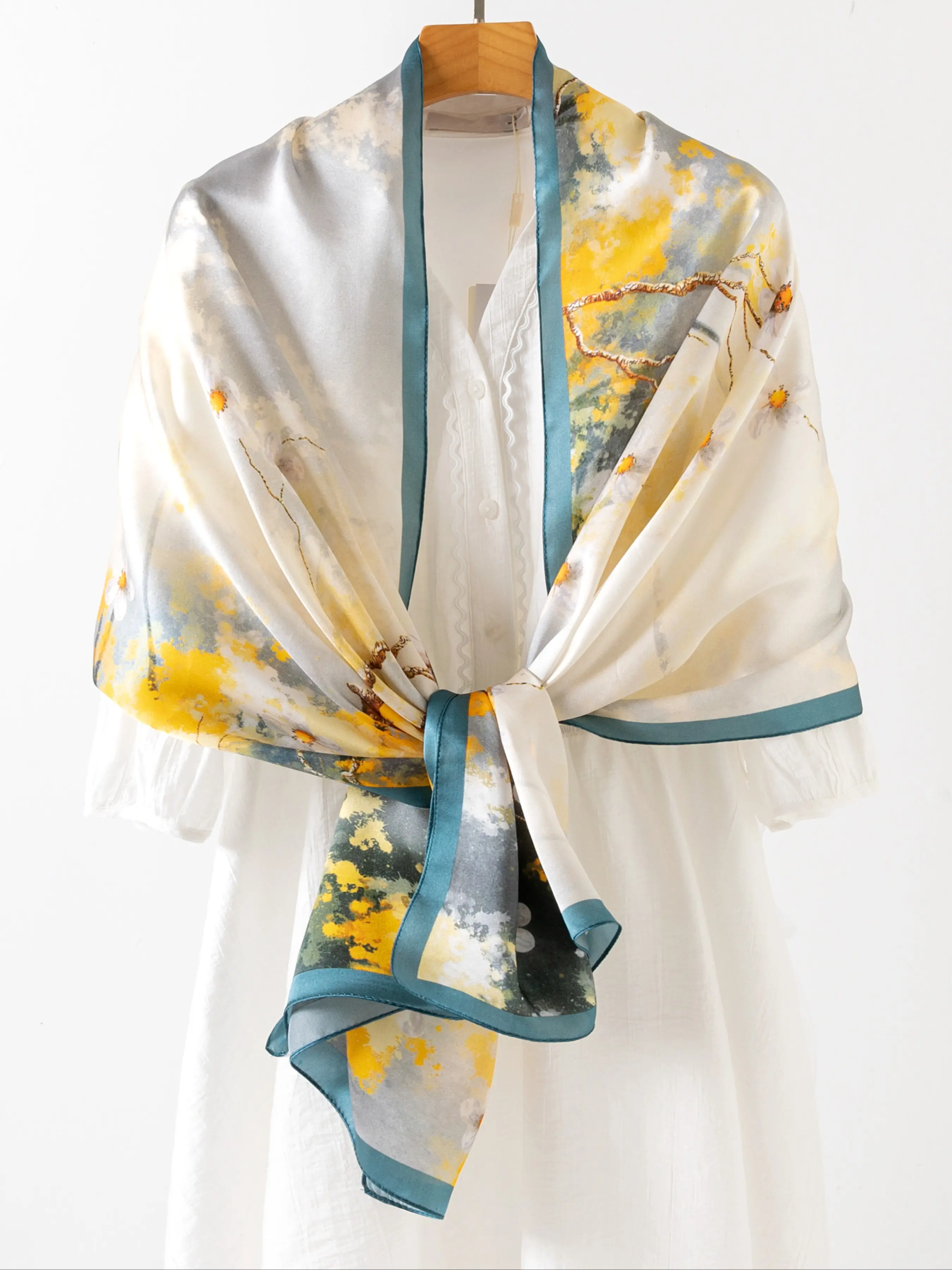 175cm Silk Shawl, Elegant Women's Long Scarf, Traditional Floral Pattern, 100% Mulberry Silk, Lightweight, Soft, Luxurious, Perfect for Events