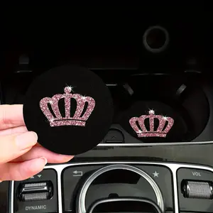 2pcs Bling Diamond Crown Car Coasters - Waterproof, Non-Slip Polyester Cup Mats for Vehicle Interior Accessories