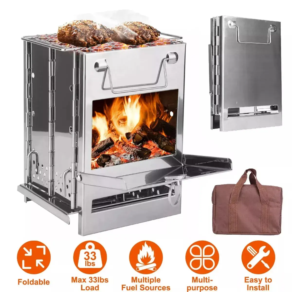 Outdoor Camping Stove, Folding Stainless Steel Backpacking Cooker, Heavy-Duty & Portable Multi-Fuel Burner for Hiking with Grill Net & Carry Bag-4044, Compact, Corrosion-Resistant, 304 Stainless Steel