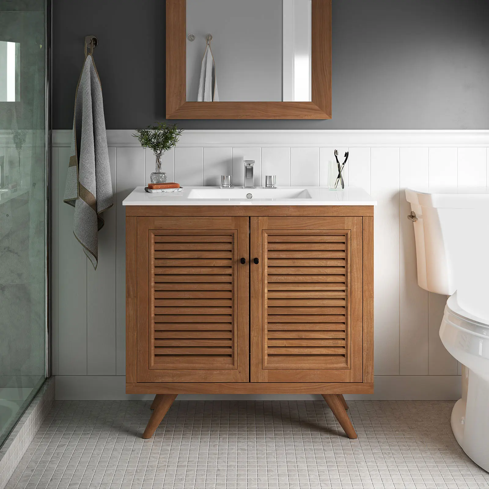 Modway Birdie 36" Modern Bathroom Vanity Set - Natural White, Teak Wood, Black Metal Hardware, Bathroom Sink, Adjustable, Soft-Close, Tapered Legs, Storage Space, Casual Coastal Aesthetics
