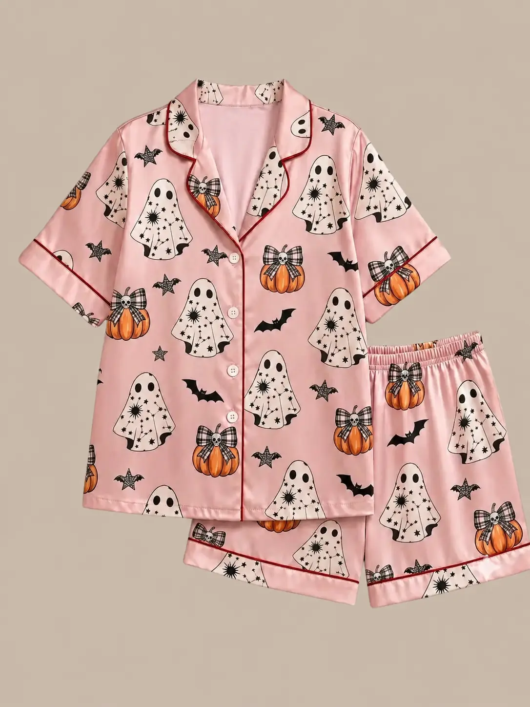 Cute Pink Halloween Pajamas Set Ghost and Pumpkin Print Festive Matching Family Pjs Soft Satin Sleepwear for Women and Kids Cozy Lounge Wear