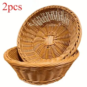 2pcs Set/Brown Faux Rattan Storage Basket, Living Room Kitchen Floating Bowl Storage Basket, Suitable for Restaurants. Halloween, Christmas Scene Application, Shelf Baskets