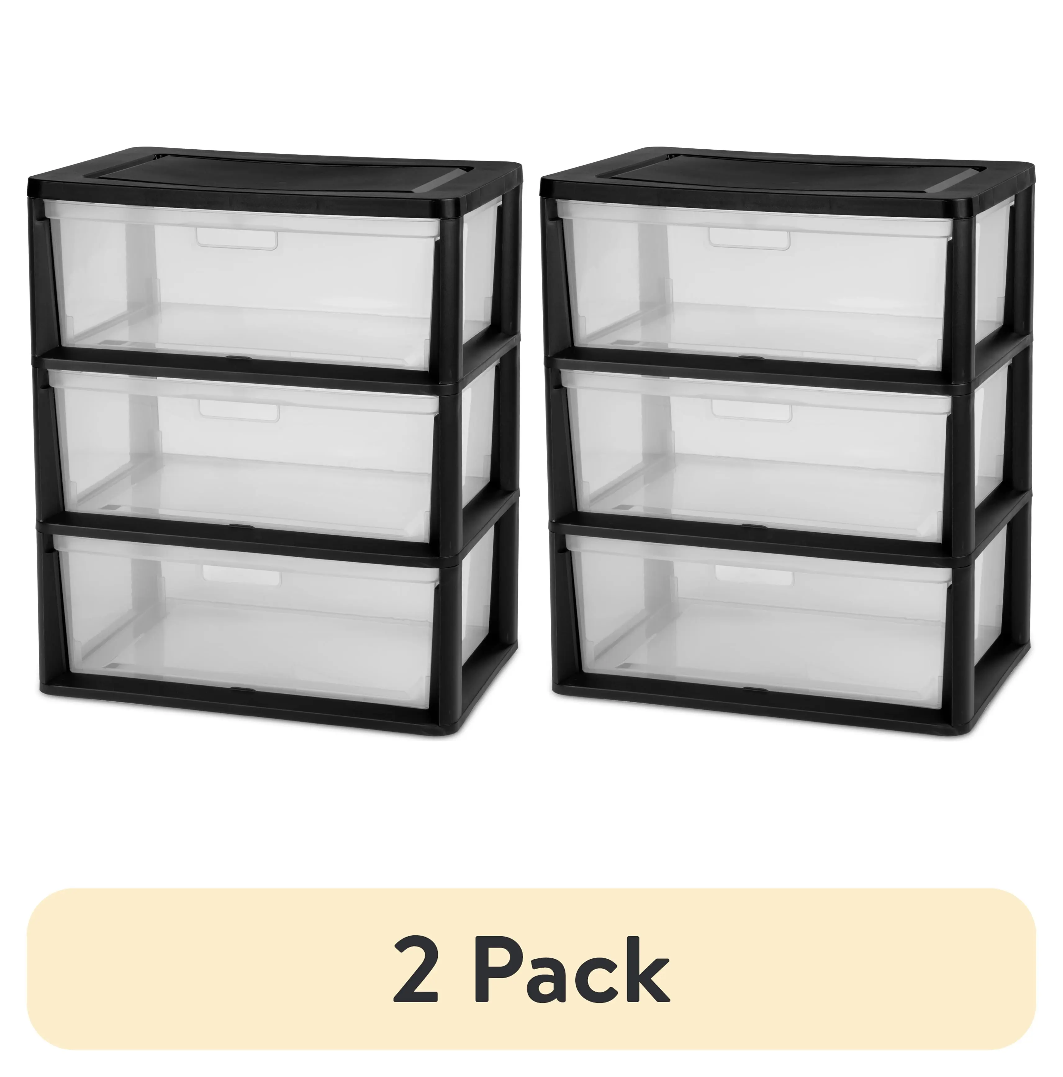 (2 pack) Sterilite Wide 3 Drawer Tower, Plastic Storage Organizer with Removable Clear Bins, Easy Assembly, No Tools Needed, Black