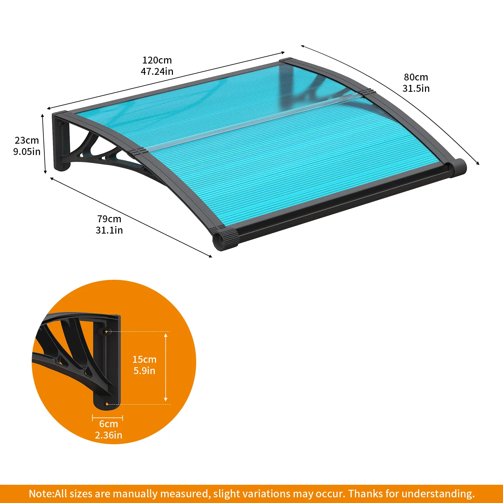 Large Drainage Sink Awning Canopy for Door Entrance Blue 32-120 Inches ABS Plastic Bracket Polycarbonate Cover UV Rain Snow Protection for Porch Patio Deck Wall Mounted Easy Installation, Sunshade Canopy, Canopy Shade