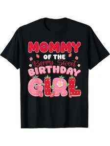 Women'S Birthday Girl Strawberry Cake Graphic T-Shirt| Mommy Birthday Party Shirt with Red & Pink Berries - Soft Retro Tee for Mom, Mother'S Day, Birthday Celebrations - Machine Washable Casual, Crew Neck, Regular Fit, Plus Size
