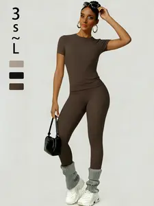 2-Piece Solid-Color Athletic T-Shirt Set Women's Sportswear Set, Slim-Fit RoundNeck Short Sleeves & High-Waisted YogaPants, Ideal for Gym Running OutdoorActivities,  Stretchy Suit Set, Fitness Outfits,Workout Running Outfits-8627