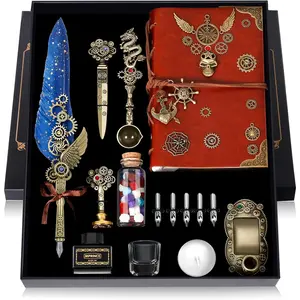 Quill Pen Ink Set with Leather Notebook, Including Quill Pen, 5 Replaceable Nibs, Seal Stamp, Spoon, Wax Beads, White Wax, Ink, Pen Holder, Cup, Envelope, Letter Paper, Envelope Tool (Blue)