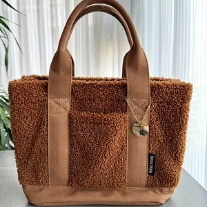 Women's Luxurious Plush Tote Handbag - Multi-Compartment, Secure Zip Fastening, Golden-Tan Faux Fur Trim, Faux Fur-Coated Texture, Golden-Tone Hardware, Structured Design, Multi-Color Options