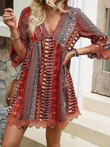 Lace Trim Printed V-Neck 3/4 Sleeve Dress
