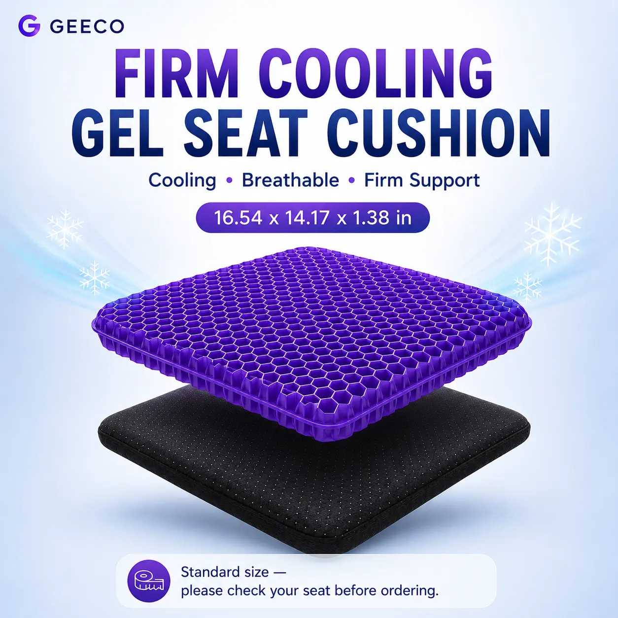 GEECO Cooling Gel Seat Cushion, Firm Honeycomb Support Chair Pad with Removable Cover & Non-Slip Bottom, Breathable Gel Cushion for Office Chair, Car Seat & Truck Seat, 16.54 x 14.17 x 1.38 in
